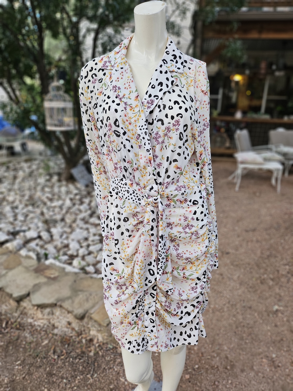 Rachel Roy Floral & Leopard Print White Tie-Waist Ruched Front Dress L